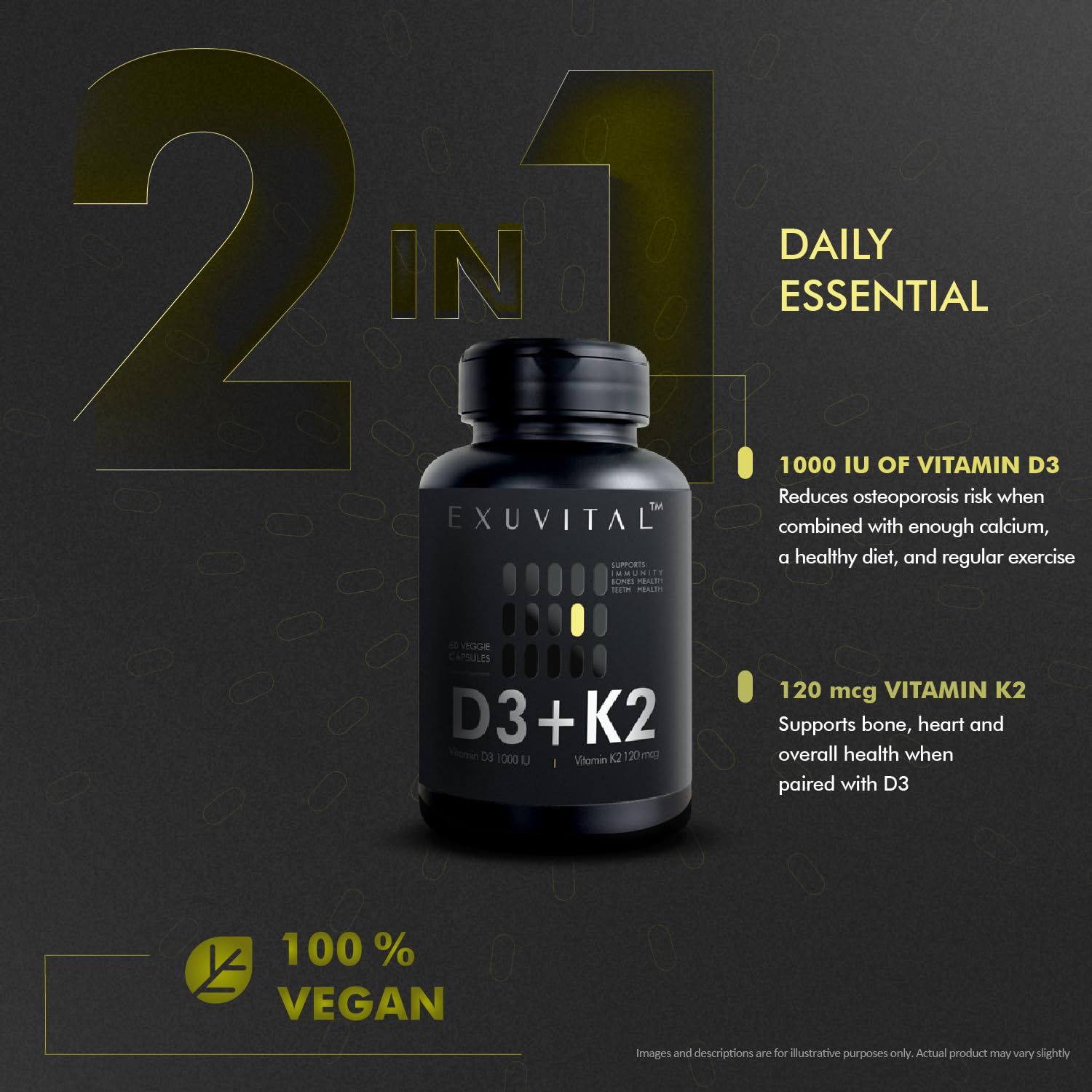 EXUVITAL D3 & K2 Vitamin Supplement, Vegan D3 1000 IU & K2 MK7 120 mcg for Bone, Heart & Immune Support, Non-GMO, Gluten-Free, 60 Vegan Capsules, 2 Months Supply - Maple Wellness Supplements