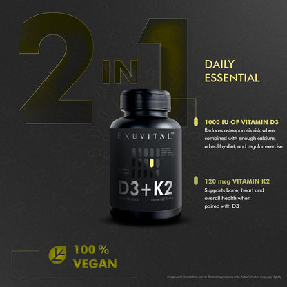 EXUVITAL D3 & K2 Vitamin Supplement, Vegan D3 1000 IU & K2 MK7 120 mcg for Bone, Heart & Immune Support, Non-GMO, Gluten-Free, 60 Vegan Capsules, 2 Months Supply - Maple Wellness Supplements