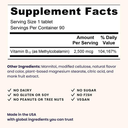 EZ Melts Dissolvable B12 2,500 mcg - Vitamin B12 for Energy & Immune Support - Non-GMO, Vegan & Gluten-Free - Maple Wellness Supplements