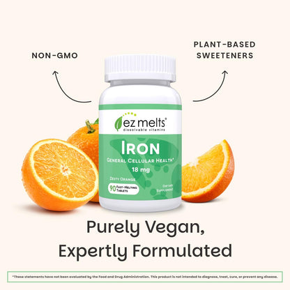 EZ Melts Iron - Supplement for Daily Energy & Iron Support - with Vitamin C - No Artificial Flavors - Non-GMO & Vegan - Zesty Orange - Maple Wellness Supplements