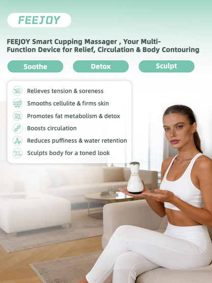 FEEJOY Electric Lymphatic Drainage Massager with Pulse Therapy & Heat – 12-Level Cupping Massage Device for Cellulite Reduction, Body Sculpting, Deep Tissue Pain Relief & Muscle Recovery, White - Maple Wellness Supplements