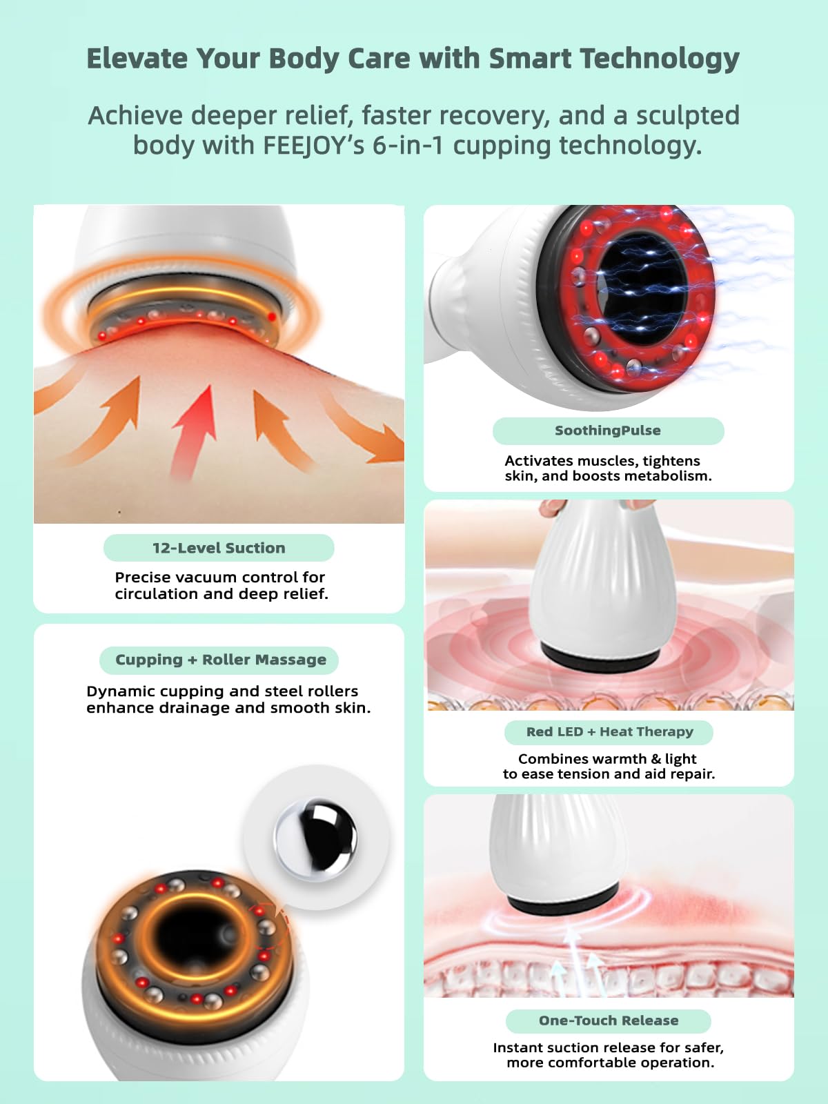 FEEJOY Electric Lymphatic Drainage Massager with Pulse Therapy & Heat – 12-Level Cupping Massage Device for Cellulite Reduction, Body Sculpting, Deep Tissue Pain Relief & Muscle Recovery, White - Maple Wellness Supplements