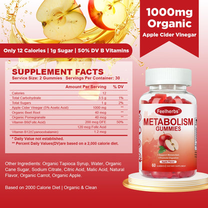 Feelherbs Metabolism Gummies for Women and Men Digestion & Energy, 60 Count Apple Cider Vinegar Gummies with Vitamin B12 & Beet Root, Chewable Keto ACV Vitamin for Metabolism & Detox Cleanse - Maple Wellness Supplements
