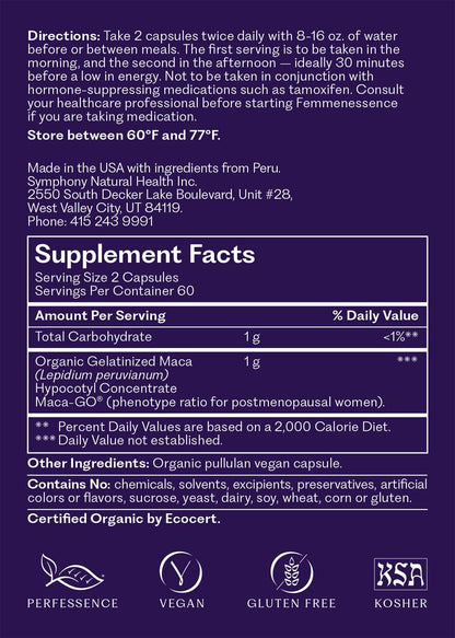 Femmenessence® MacaPause® – Clinically Proven Postmenopausal Organic Vegan Supplement for Natural Hormone Balance, Menopause Symptom Relief, Bone & Heart Health (120 Capsules, 30 Day Supply) - Maple Wellness Supplements