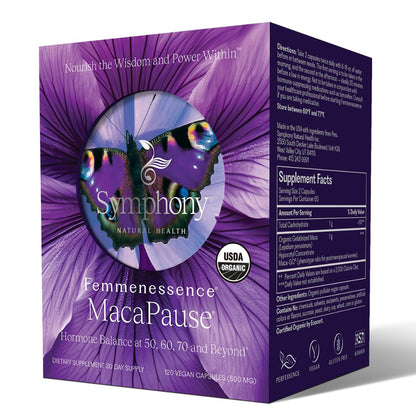 Femmenessence® MacaPause® – Clinically Proven Postmenopausal Organic Vegan Supplement for Natural Hormone Balance, Menopause Symptom Relief, Bone & Heart Health (120 Capsules, 30 Day Supply) - Maple Wellness Supplements