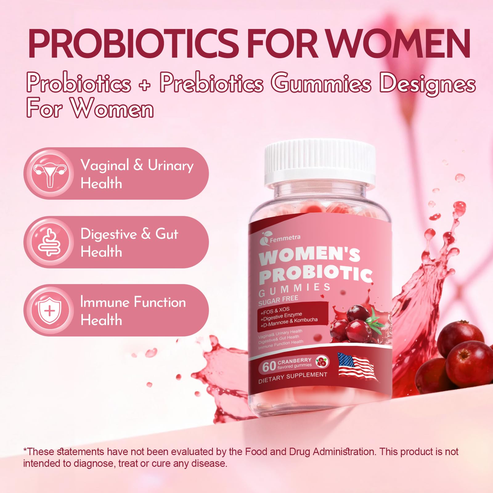 Femmetra 18-in-1 Probiotics for Women with Prebiotics - 200 Billion CFU with Digestive Enzyme, Cranberry, Kombucha - Sugar-Free Vaginal Gummies, - Maple Wellness Supplements