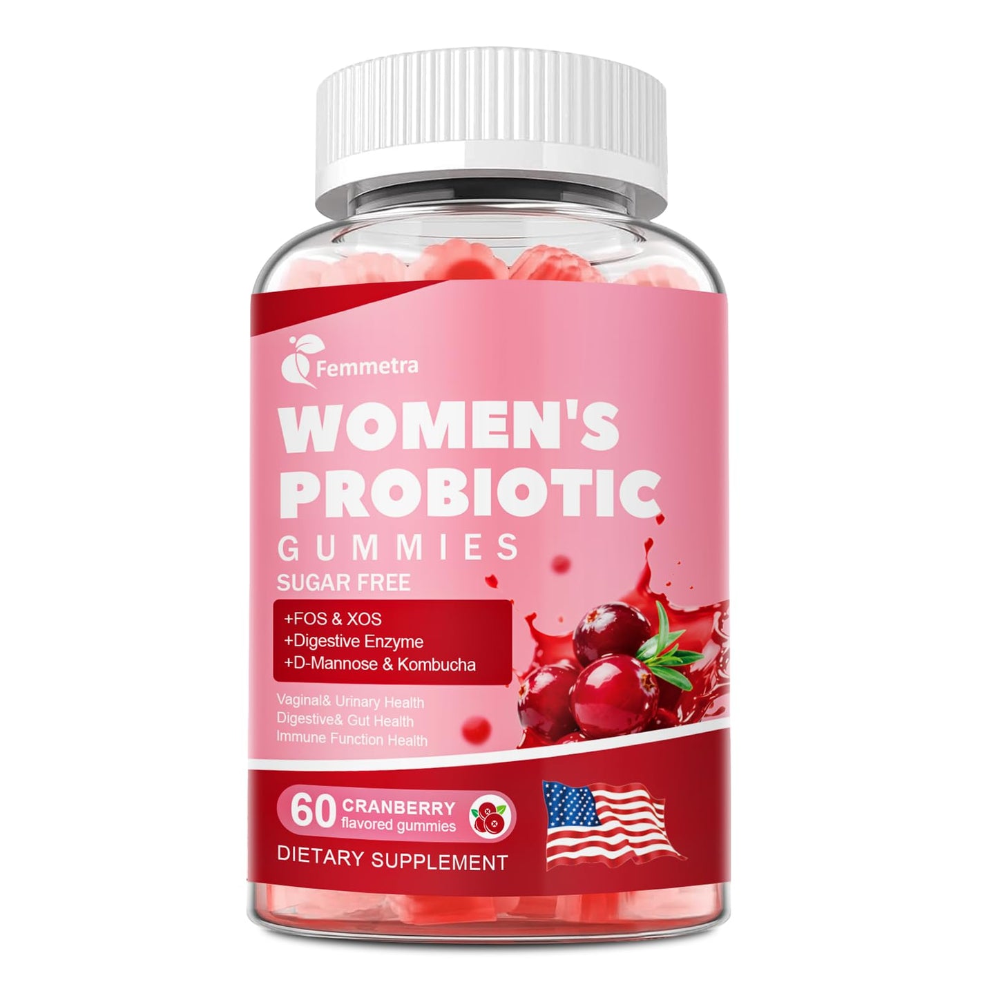 Femmetra 18-in-1 Probiotics for Women with Prebiotics - 200 Billion CFU with Digestive Enzyme, Cranberry, Kombucha - Sugar-Free Vaginal Gummies, - Maple Wellness Supplements