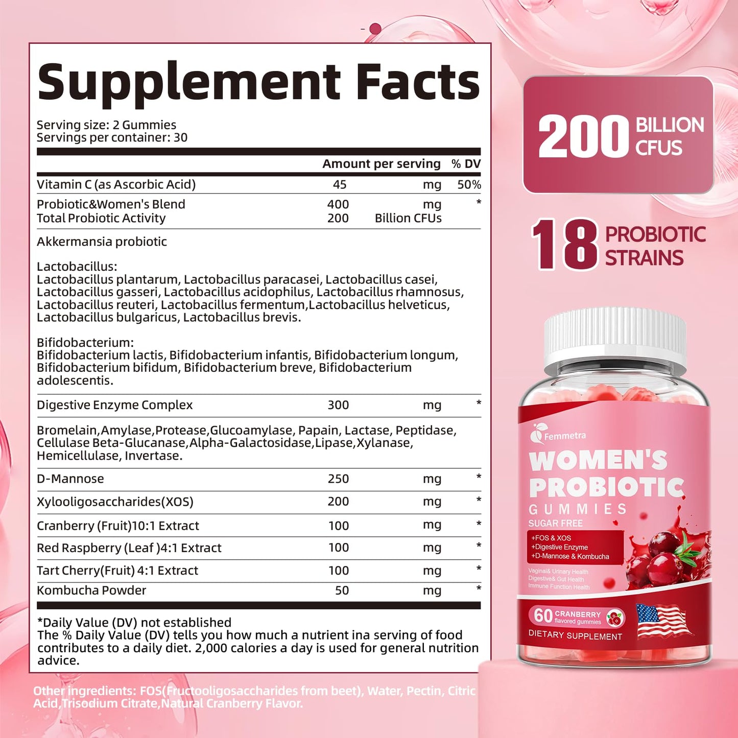 Femmetra 18-in-1 Probiotics for Women with Prebiotics - 200 Billion CFU with Digestive Enzyme, Cranberry, Kombucha - Sugar-Free Vaginal Gummies, - Maple Wellness Supplements