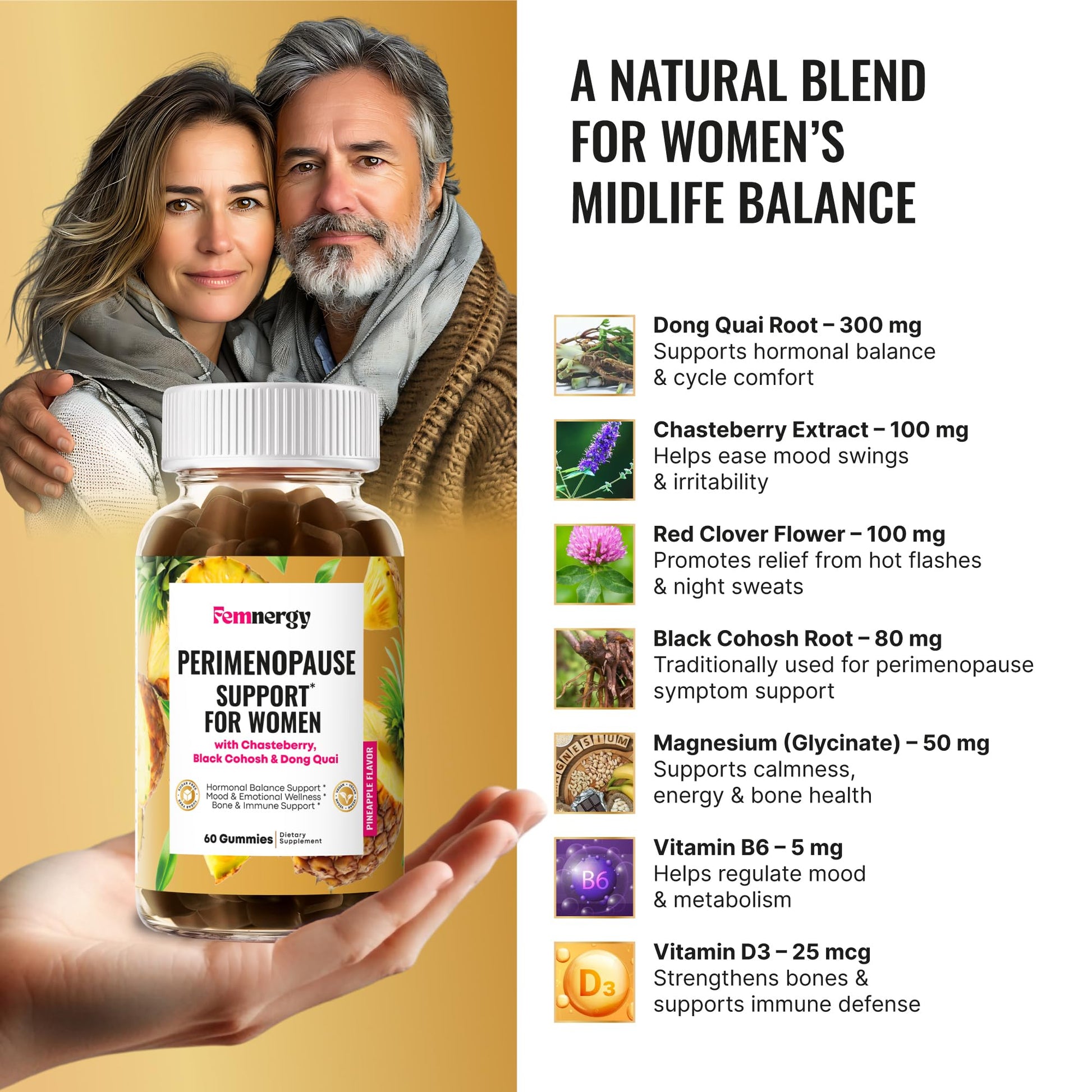 Femnergy Perimenopause Support Gummies for Women - Menopause Relief Estrogen & Hormone Balance Supplement with Black Cohosh Chasteberry Vitamins D3 B6 for Hot Flashes Night Sweats & Mood Swings - Maple Wellness Supplements
