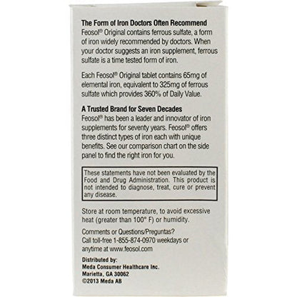 Feosol Original Iron Supplement Tablets, Non-heme, 65mg Iron per Pill, 1 Per Day, 120ct, 4 Month Supply, for Energy and Immune System Support, Made in USA - Maple Wellness Supplements