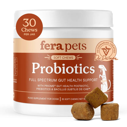 Fera Pets Probiotics for Dogs with Prebiotics and Postbiotics - Full Spectrum Gut Health Support - Promotes a Balanced Gut Microbiome - Boosts Immune Health - 30 Soft Chews - Maple Wellness Supplements