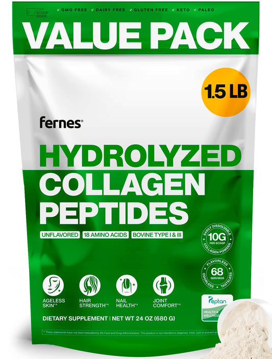 Fernes Collagen Peptides for Women Men (1.5LB) Type I & III Flavorless & Odorless Easy-Mix Hydrolyzed Peptan Protein Joint Hair Skin & Nail Support Gluten-Free Non-GMO Keto & Paleo Grass-Fed Kosher - Maple Wellness Supplements