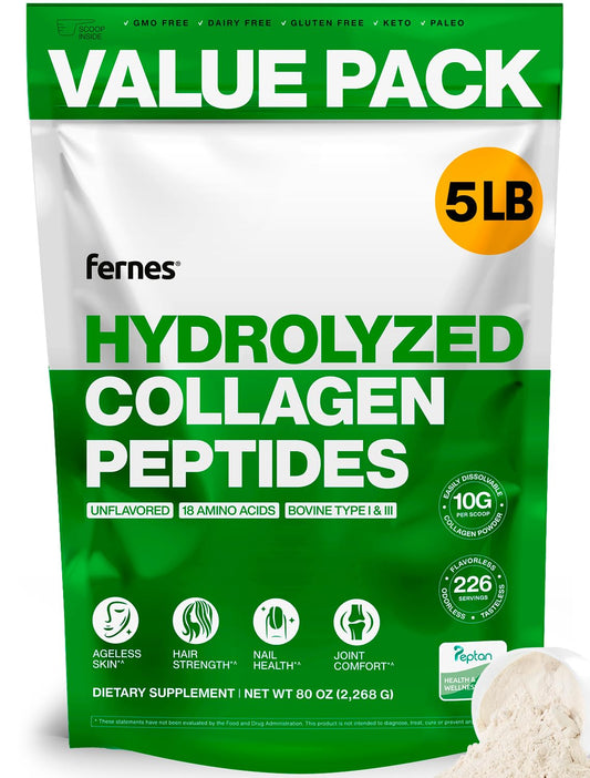 Fernes Collagen Powder for Women Men (5LB) Type I & III Flavorless & Odorless Easy-Mix Hydrolyzed Peptan Protein Peptides Joint Hair Skin & Nail Support Gluten-Free Non-GMO Keto Paleo Grass-Fed Kosher - Maple Wellness Supplements