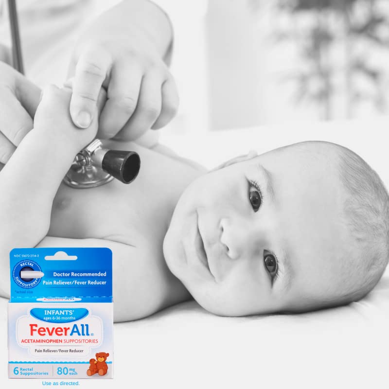 Feverall Infant Acetaminophen Suppositories 6 Rectal Suppositories 80mg Each Pain Reliever/Fever Reducer. Paraben Free, No Artificial Colors or Other preservatives. Ages 6-36 Months (Pack of 2) - Maple Wellness Supplements