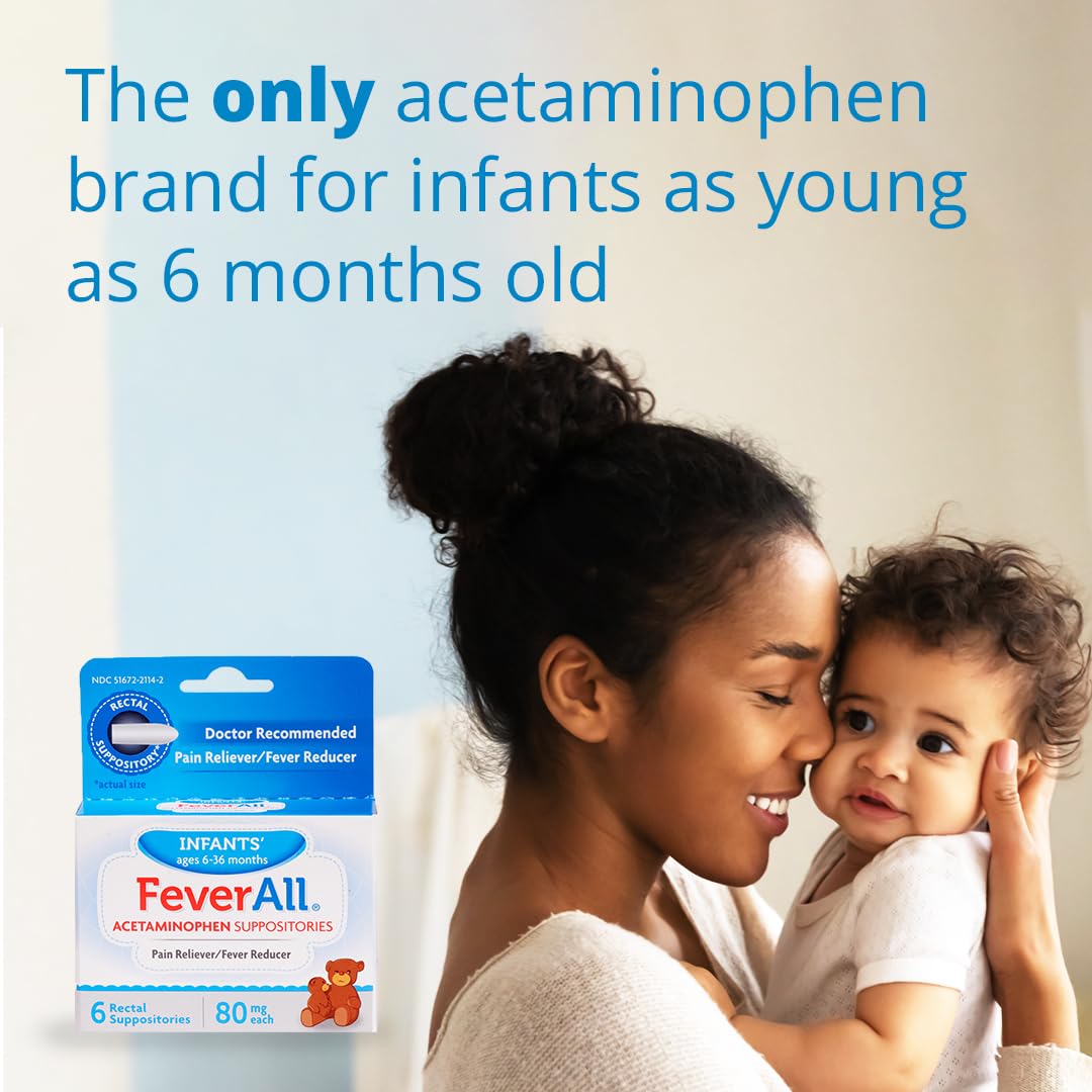 Feverall Infant Acetaminophen Suppositories 6 Rectal Suppositories 80mg Each Pain Reliever/Fever Reducer. Paraben Free, No Artificial Colors or Other preservatives. Ages 6-36 Months (Pack of 2) - Maple Wellness Supplements