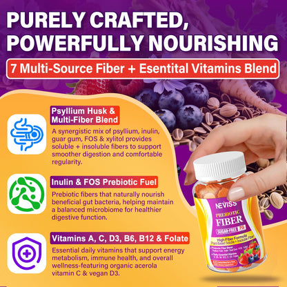 Fiber Gummies for Adults with Psyllium Husk, 7G(Soluble + Insoluble) Daily Prebiotic Fiber with Inulin, FOS, Guar Gum, Multivitamins for Daily Digestive Health, - Maple Wellness Supplements