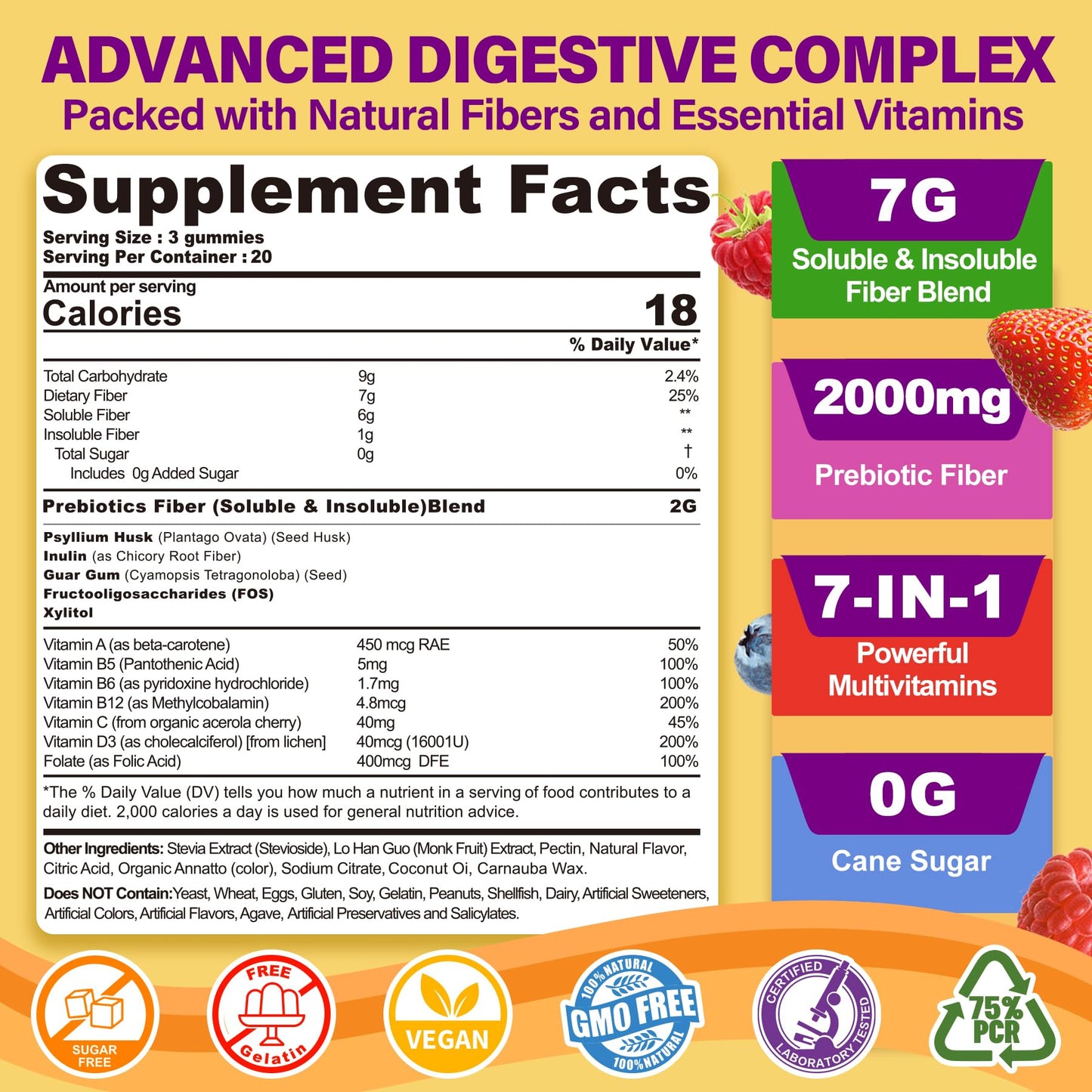 Fiber Gummies for Adults with Psyllium Husk, 7G(Soluble + Insoluble) Daily Prebiotic Fiber with Inulin, FOS, Guar Gum, Multivitamins for Daily Digestive Health, - Maple Wellness Supplements