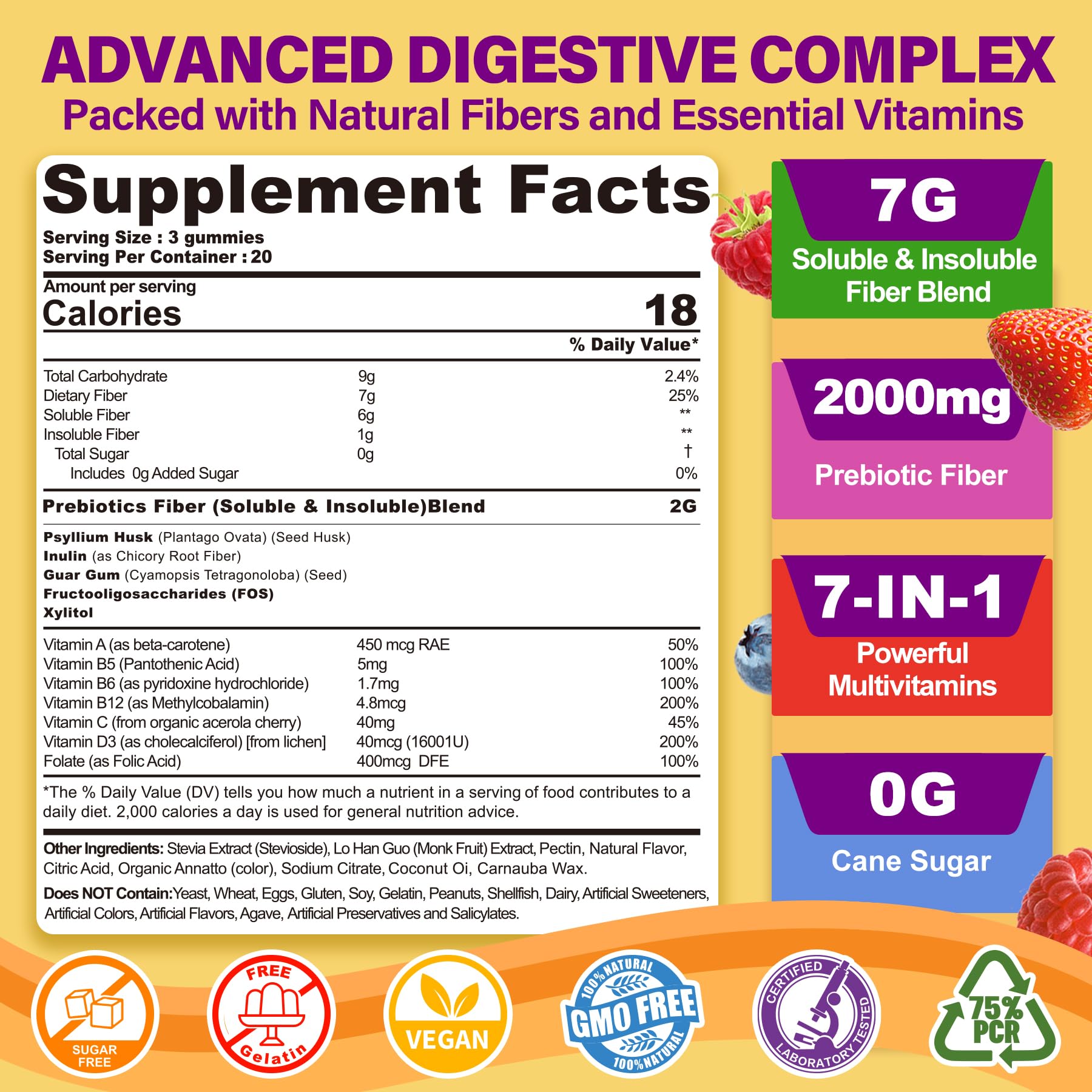 Fiber Gummies for Adults with Psyllium Husk, 7G(Soluble + Insoluble) Daily Prebiotic Fiber with Inulin, FOS, Guar Gum, Multivitamins for Daily Digestive Health, - Maple Wellness Supplements