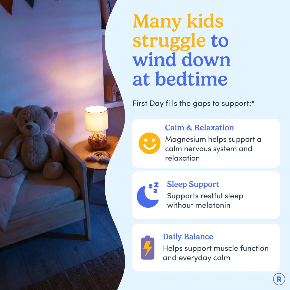 FIRST DAY Kids Magnesium Citrate Gummies (Ages 4+) with No Melatonin | Calm Kids Magnesium Gummies | Bedtime Supplement for Better Sleep with Suntheanine - Maple Wellness Supplements
