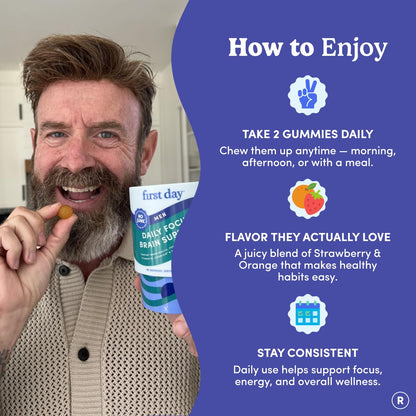 FIRST DAY Men’s Daily Nootropic Brain Supplement Gummies for Focus, Memory & Mental Energy | with Cognizin® Citicoline, Phosphatidylserine & Natural Caffeine | Vegan, Allergen-Free | 30-Day Supply - Maple Wellness Supplements