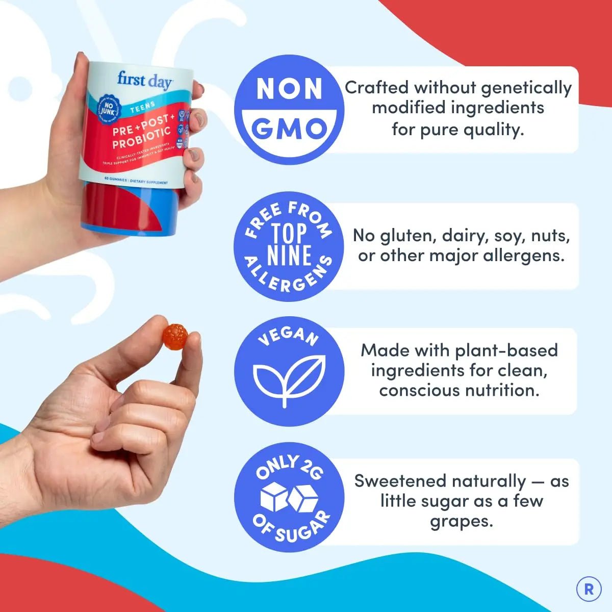FIRST DAY Teens’ Gut Sustainer Tribiotic Gummies – 3-in-1 Prebiotic, Probiotic & Postbiotic Supplement – Supports Digestive, Skin, Oral & Immune Health, Nutrient Absorption & Growth – 60-Day Supply - Maple Wellness Supplements