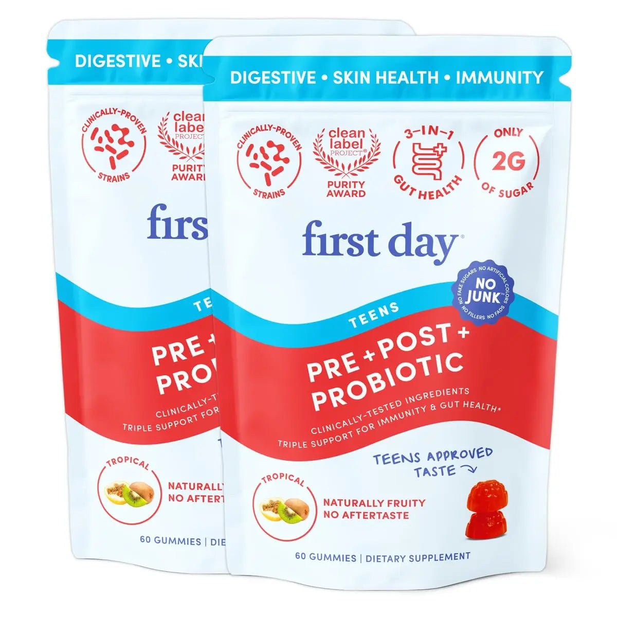 FIRST DAY Teens’ Gut Sustainer Tribiotic Gummies – 3-in-1 Prebiotic, Probiotic & Postbiotic Supplement – Supports Digestive, Skin, Oral & Immune Health, Nutrient Absorption & Growth – 60-Day Supply - Maple Wellness Supplements