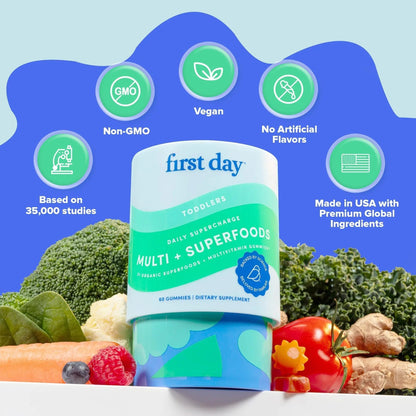 FIRST DAY Toddler Multivitamin Gummies (Ages 2-3)| Kids Multivitamin Gummies with Vitamins A C D3, B2, B12, Choline, Folate and 21 Organic Superfoods| (30 Day Supply) - Maple Wellness Supplements