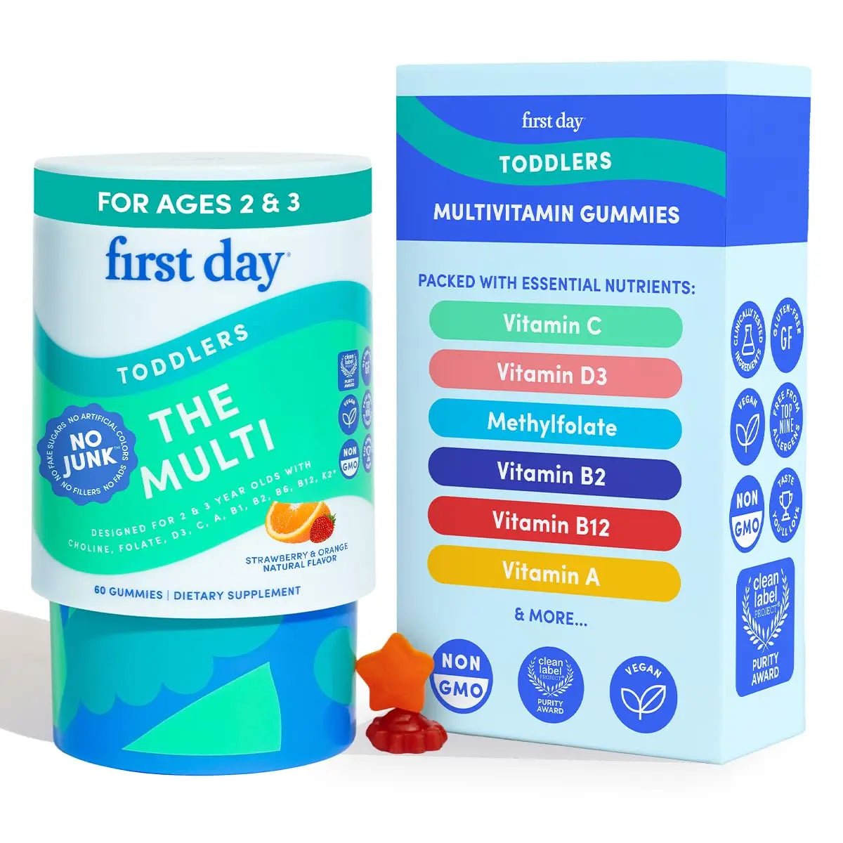 FIRST DAY Toddler Multivitamin Gummies (Ages 2-3)| Kids Multivitamin Gummies with Vitamins A C D3, B2, B12, Choline, Folate and 21 Organic Superfoods| (30 Day Supply) - Maple Wellness Supplements