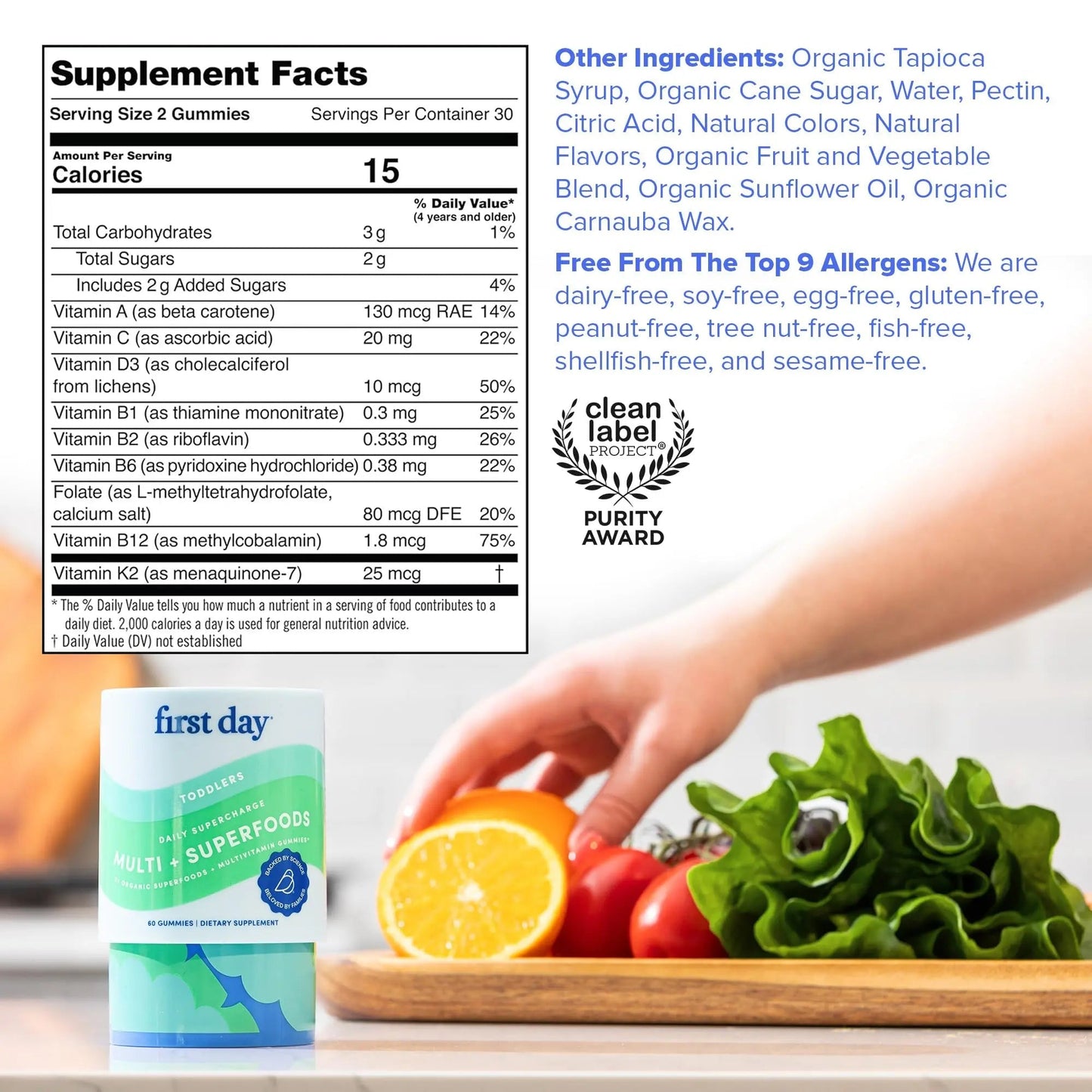 FIRST DAY Toddler Multivitamin Gummies (Ages 2-3)| Kids Multivitamin Gummies with Vitamins A C D3, B2, B12, Choline, Folate and 21 Organic Superfoods| (30 Day Supply) - Maple Wellness Supplements