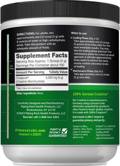 Fitness Labs German Creatine Monohydrate Powder | 500 Grams | Creapure Fitness Supplement | for Men & Women | Unflavored | 100 Servings - Maple Wellness Supplements