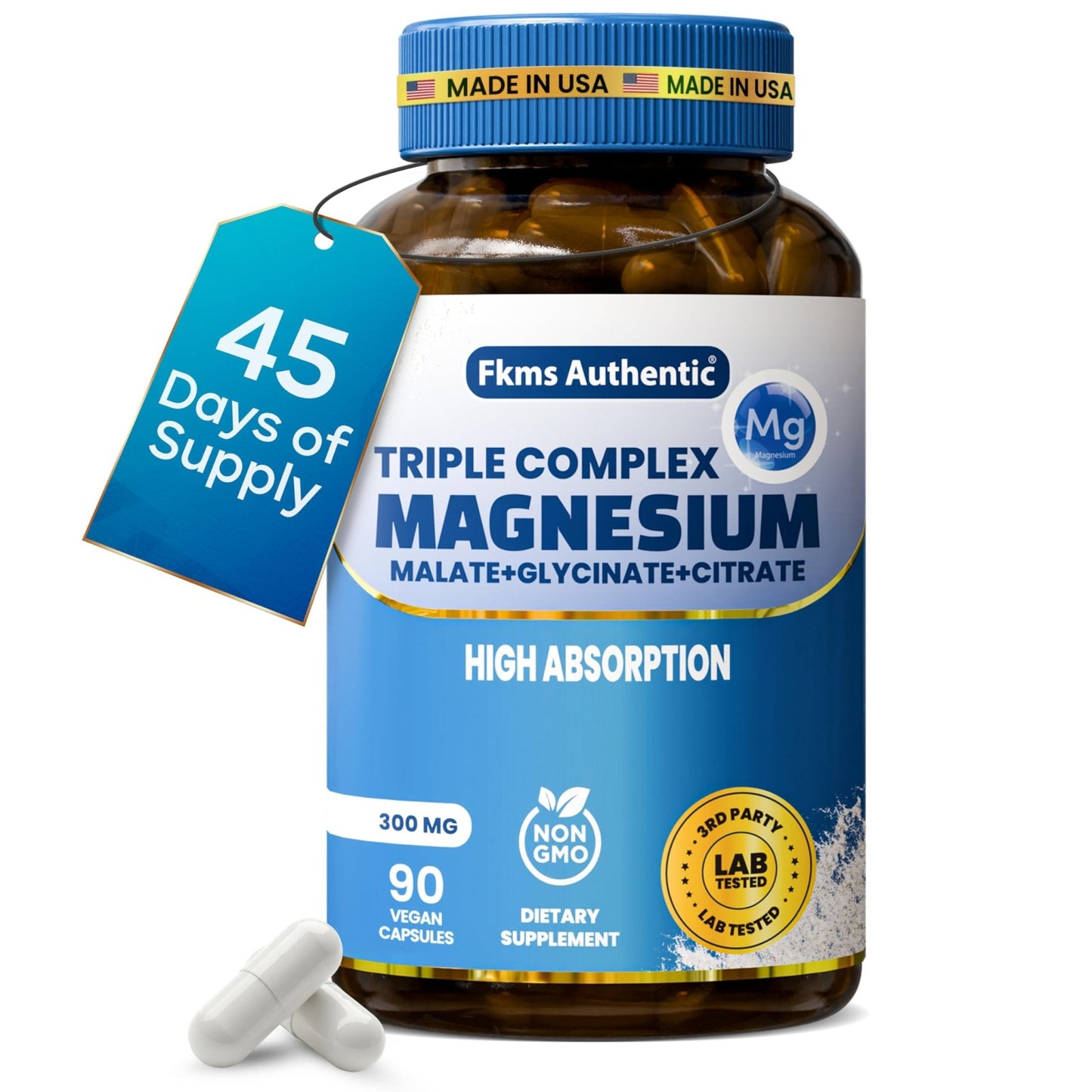 FKMS Authentic Triple Magnesium Complex | 300mg Magnesium Glycinate, Malate & Citrate for Sleep, Stress & Muscle Support | Non-GMO, Vegan, Gentle on Stomach | High Absorption | 90 Capsules - Maple Wellness Supplements