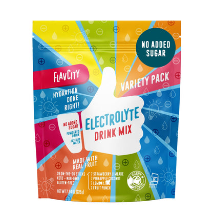 FlavCity Electrolytes Powder Packets - 28 Hydration Packets, Variety Pack - No Added Sugar - Hydration Powder with Real Fruit & Unrefined Sea Salt - Maple Wellness Supplements