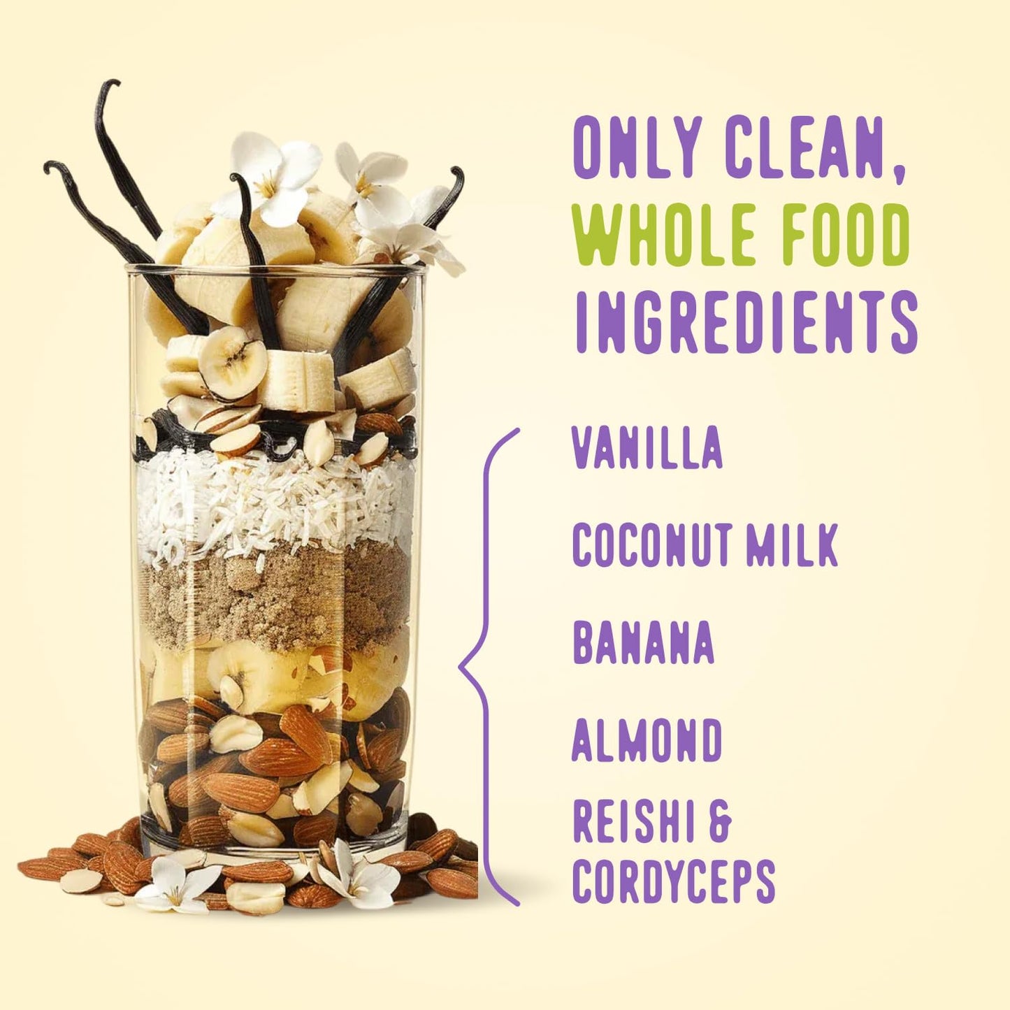 FlavCity Vegan Almond Protein Shake Powder, Vanilla Cream + Reishi & Cordyceps Mushrooms - Focus, Skin, Hair & Joint Support - Organic Fruit All in One Smoothie On-the-Go, 20 Servings - Maple Wellness Supplements
