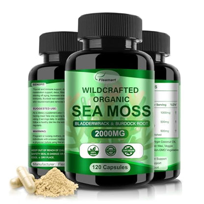 Fleamart 2 Pack Irish Sea Moss Capsules 120ct Raw Organic Sea Moss Wildcrafted Bladder - Maple Wellness Supplements