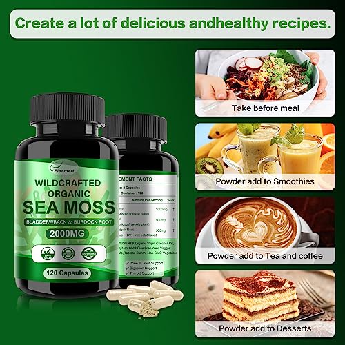 Fleamart 2 Pack Irish Sea Moss Capsules 120ct Raw Organic Sea Moss Wildcrafted Bladder - Maple Wellness Supplements