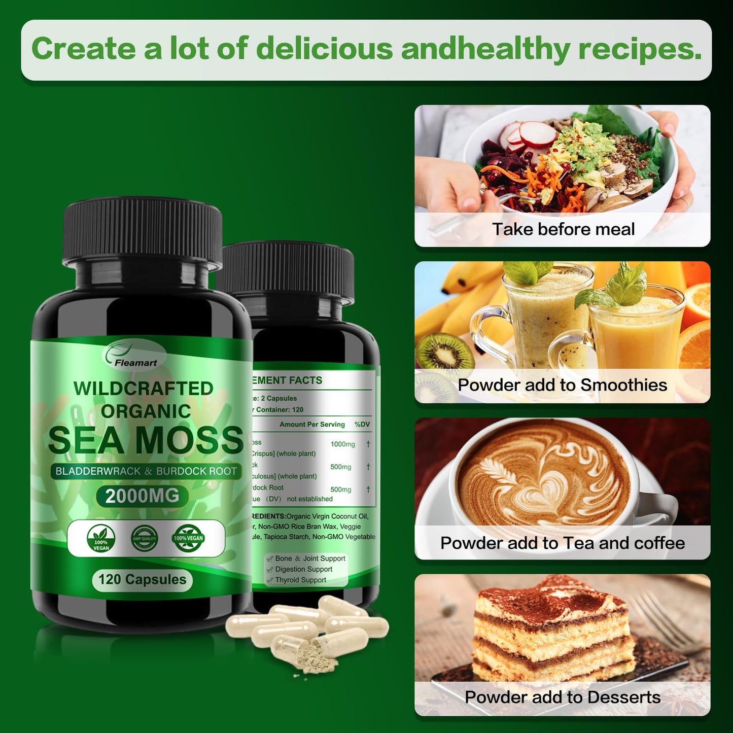 Fleamart Irish Sea Moss Capsules 120ct Raw Organic Sea Moss Wildcrafted Bladderwrack - Maple Wellness Supplements