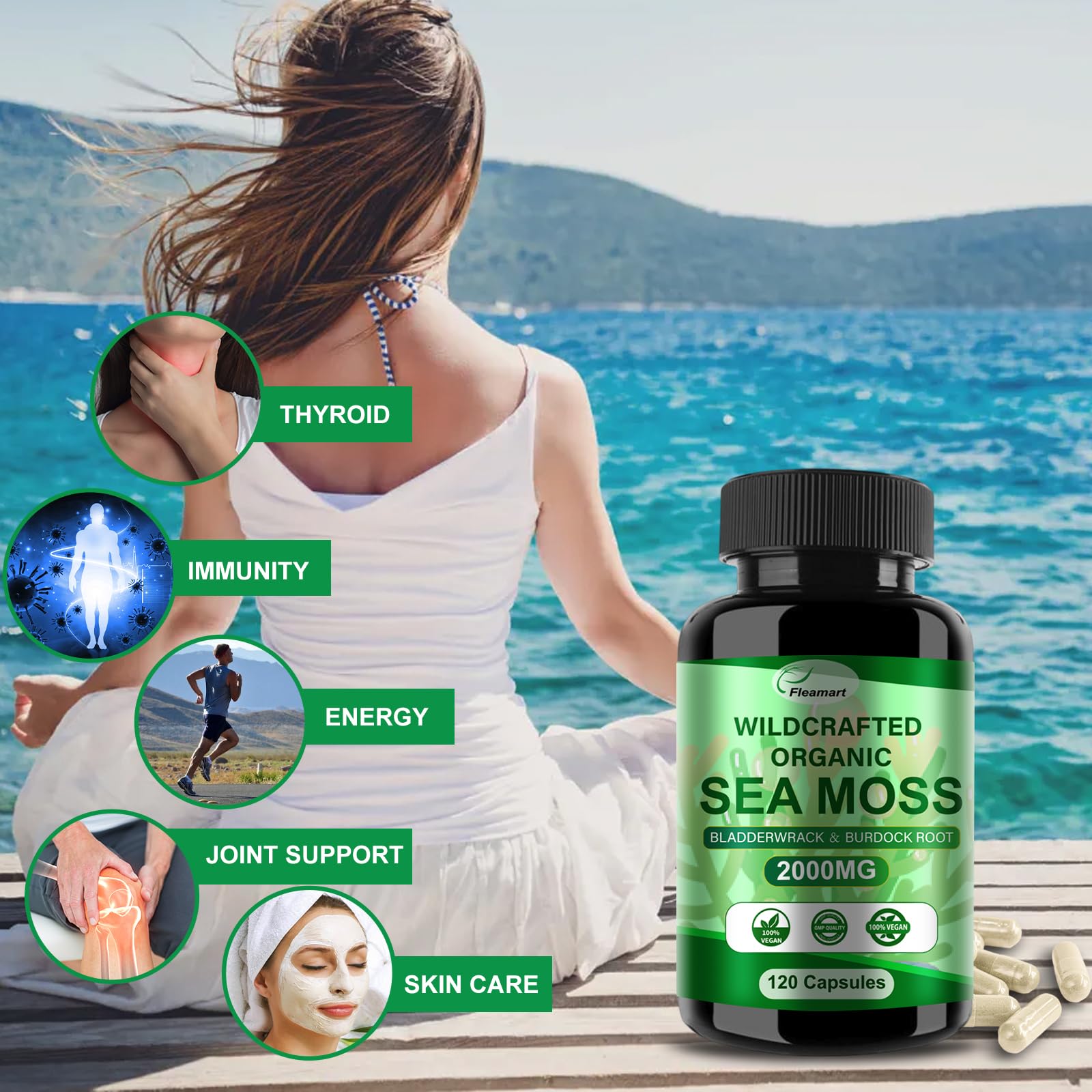 Fleamart Irish Sea Moss Capsules 120ct Raw Organic Sea Moss Wildcrafted Bladderwrack - Maple Wellness Supplements