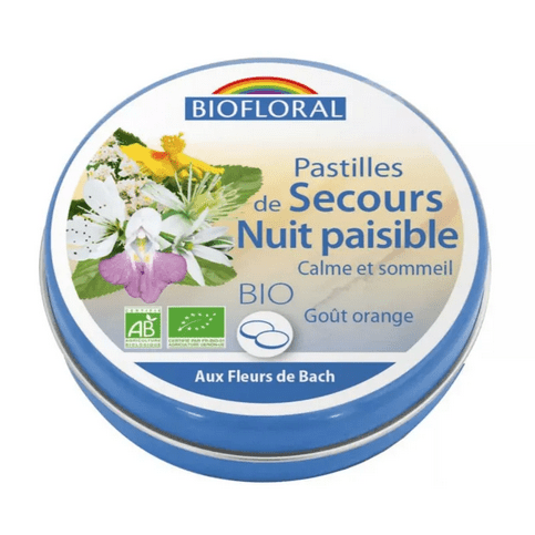 Fleur de Bach SANS ALCOOL Pastilles de secours Nuit paisible BIO Boite 50 g BIOFLORAL - Maple Wellness Supplements