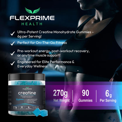 FlexPrime Creatine Gummies Sugar Free - 6g Creatine Monohydrate + L-Taurine, Alpha GPC, Betaine | Vegan Halal Blueberry Chews for Lean Muscle, Strength, Brain Health | Men Women 90 Count - Maple Wellness Supplements