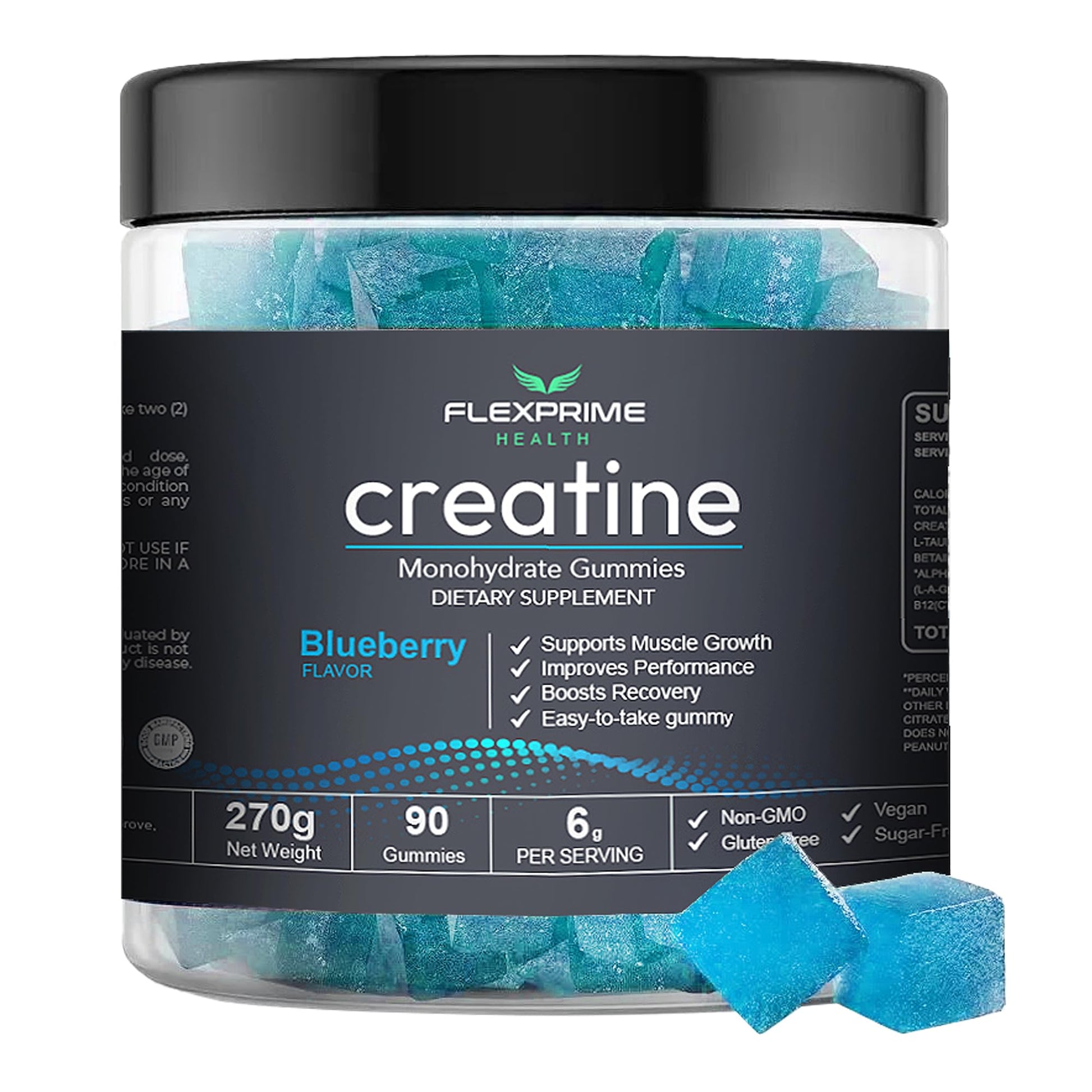 FlexPrime Creatine Gummies Sugar Free - 6g Creatine Monohydrate + L-Taurine, Alpha GPC, Betaine | Vegan Halal Blueberry Chews for Lean Muscle, Strength, Brain Health | Men Women 90 Count - Maple Wellness Supplements