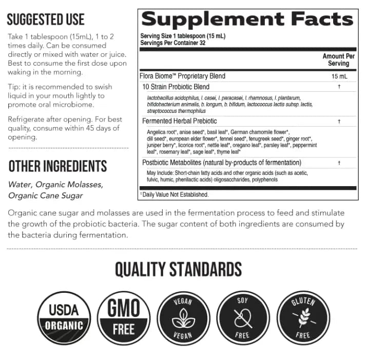 Flora Biome - Live Probiotic, Prebiotic, & Postbiotic – Organic Live-Culture – 10 Probiotic Strains, 18 Fermented Herbs - Complete Gut Health & Microbiome Optimizer (16 oz) - Maple Wellness Supplements