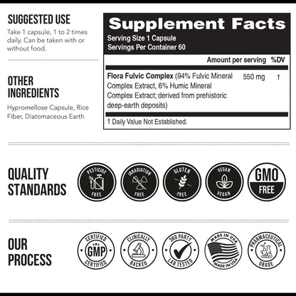 Flora Fulvic | Fulvic Acid + Humic Acid Complex – 550 mg |Mined in Utah, Prehistoric Deep Earth Extract | Immunity, Gut, Digestion – Natural Trace Mineral Complex - Maple Wellness Supplements