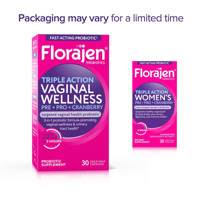 Florajen Women’s Triple-Action Probiotic, Prebiotic + Probiotic + Cranberry for Vaginal, Digestive, & Immune Support - Fast-Acting - Maple Wellness Supplements