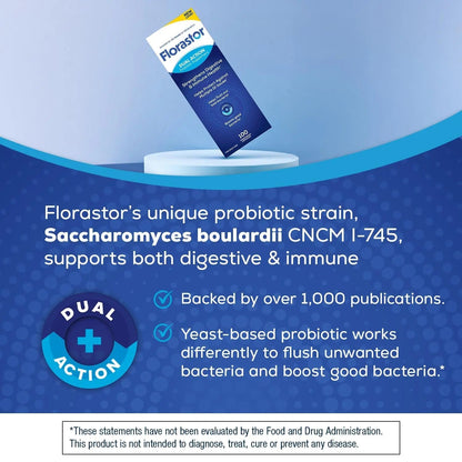 Florastor Probiotics for Digestive and Immune Health, 100 Capsules, Probiotics for Women & Men, Helps Flush Out Bad Bacteria, Boosts The Good with Our Unique Strain Saccharomyces Boulardii - Maple Wellness Supplements