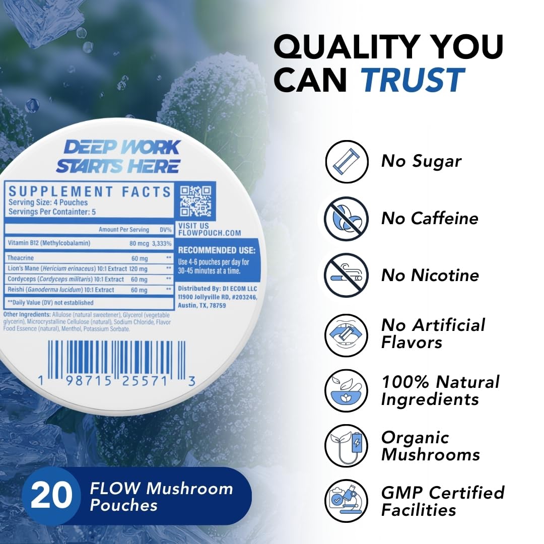 Flow Pouches Mushroom Nootropic Pouches - 600mg Organic Mushroom Energy Ultra Pouches with Lion's Mane, Reishi, Cordyceps for Focus & Clean Energy - Zero Caffeine or Sugar (5 Can Pack, Cool Mint) - Maple Wellness Supplements