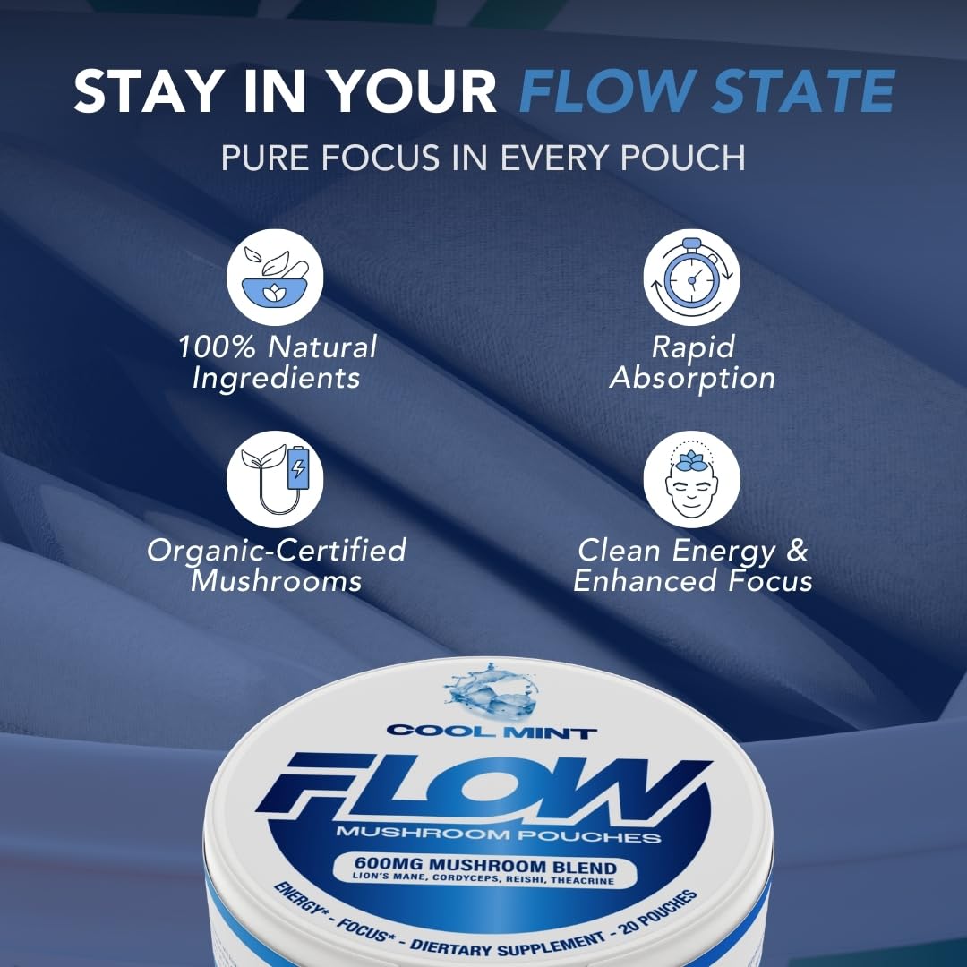 Flow Pouches Mushroom Nootropic Pouches - 600mg Organic Mushroom Energy Ultra Pouches with Lion's Mane, Reishi, Cordyceps for Focus & Clean Energy - Zero Caffeine or Sugar (5 Can Pack, Cool Mint) - Maple Wellness Supplements