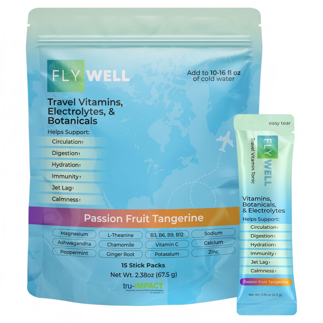FlyWell Travel Vitamin Tonic for Flight, Jet Lag, Hydration, Circulation, Digestion & Immune Support, Promotes Calmness, Electrolyte Powder, Travel Essentials, - Maple Wellness Supplements