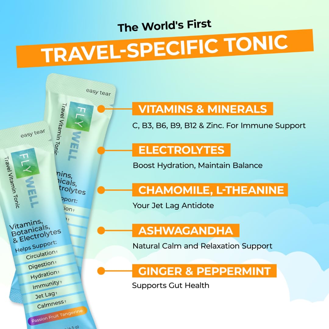 FlyWell Travel Vitamin Tonic for Flight, Jet Lag, Hydration, Circulation, Digestion & Immune Support, Promotes Calmness, Electrolyte Powder, Travel Essentials, - Maple Wellness Supplements