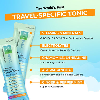FlyWell Travel Vitamin Tonic for Flight, Jet Lag, Hydration, Circulation, Digestion & Immune Support, Promotes Calmness, Electrolyte Powder, Travel Essentials, - Maple Wellness Supplements
