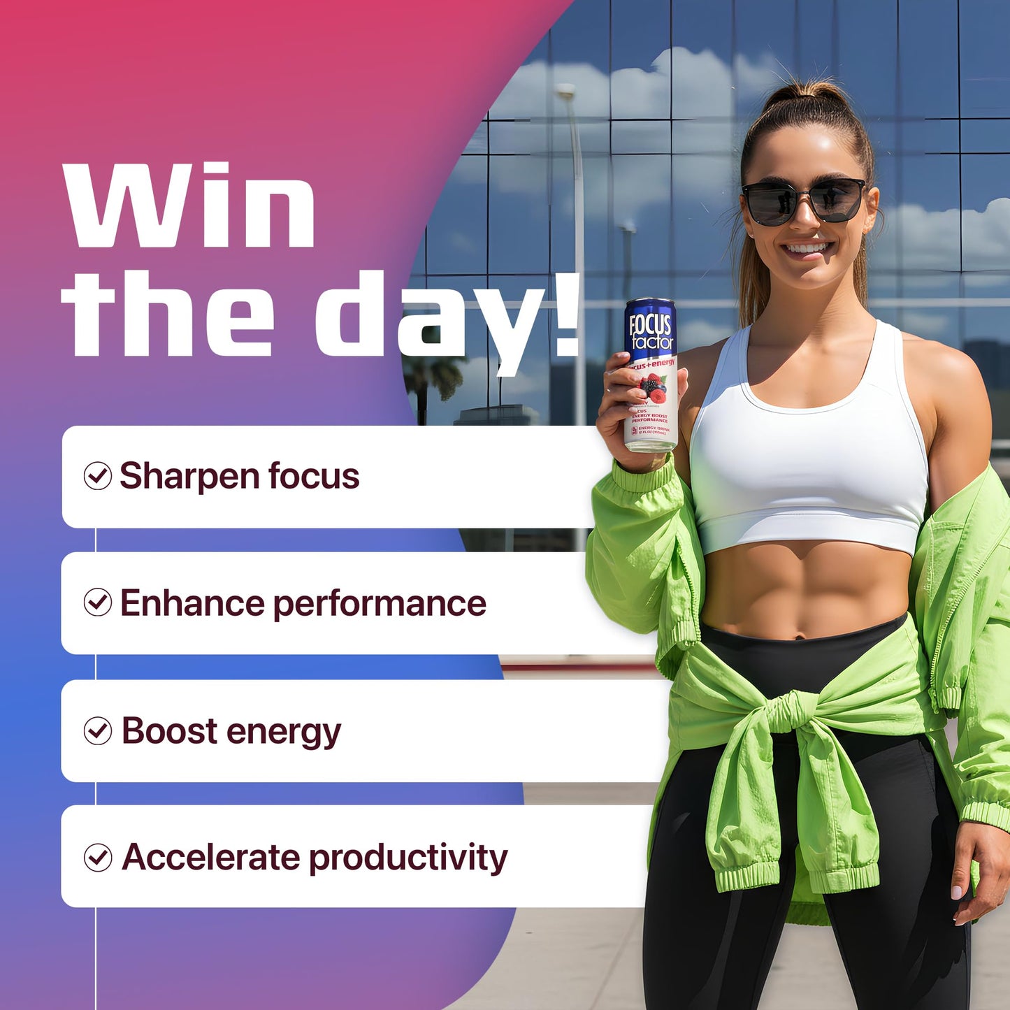 Focus Factor Energy Drink - 12 x 355ml Cans (Berry Flavour) - with Focus + Energy - Lightly Carbonated, Sugar Free, Low Calorie with Vitamin B6 & Vitamin B12 - Maple Wellness Supplements